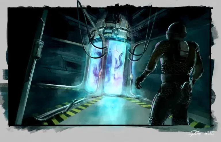 A suited figure stands in a dark lab, facing a glowing cryogenic chamber connected by tubes and cables.