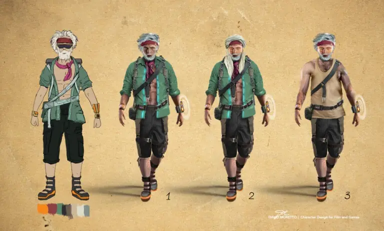 Concept art of a desert explorer in four variants (left to right) wearing green gear, tactical straps, and blindfolds; color palette swatches shown bottom left.