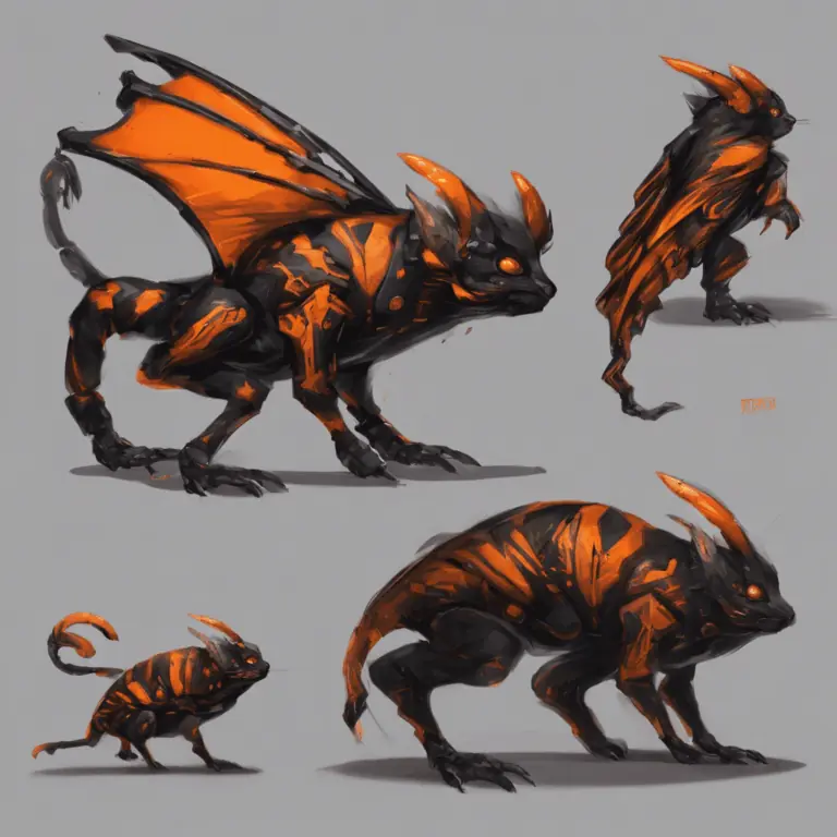 Dragon-like creature with black body and orange markings, shown in four poses against a gray background (wings open, crouching, running).