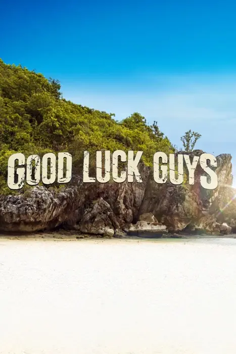 Beach scene with white sand, rocky cliff covered in greenery, bright blue sky, and the words 'GOOD LUCK GUYS' across the rocks.