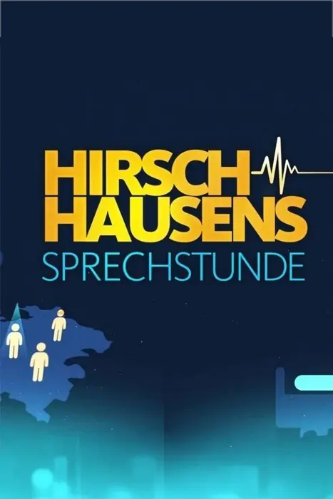 Logo for 'HIRSCH HAUSENS' with 'SPRECHSTUNDE' beneath, on a dark blue gradient background with a heartbeat motif to the right mix of yellow and teal text.