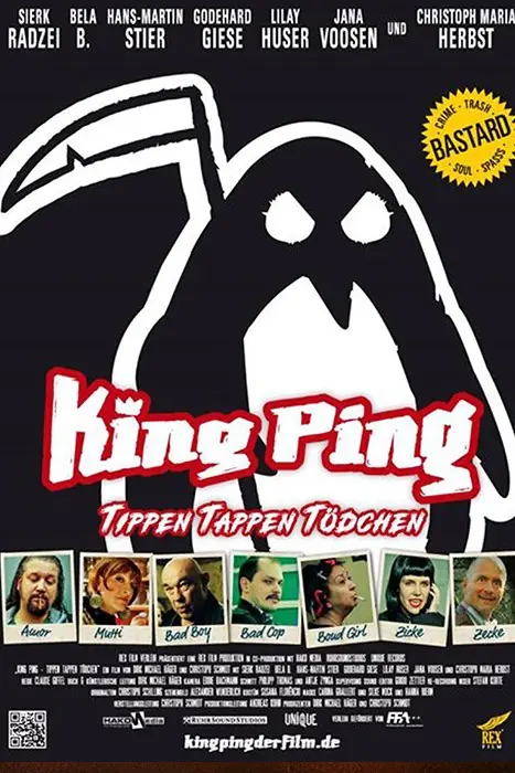 Poster for the film King Ping featuring a white ghost outline, bold red-and-white title, and actor headshots along the bottom with a yellow Bastard badge at the top right.