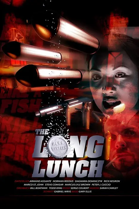 Movie poster for The Long Lunch with oversized bullets, a masked woman's face, and the bold title text.