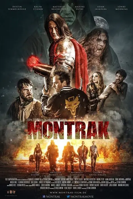 Movie poster for Montrak featuring a central armored fighter with a glowing red power, a group of survivors, and a fiery battlefield backdrop.
