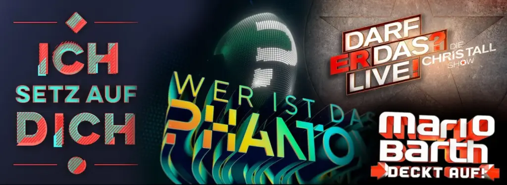 Promo collage of German TV shows: bold 3D text 'Ich setz auf dich', abstract central artwork, and logos 'Darf er das?' and 'Mario Barth deckt auf!'