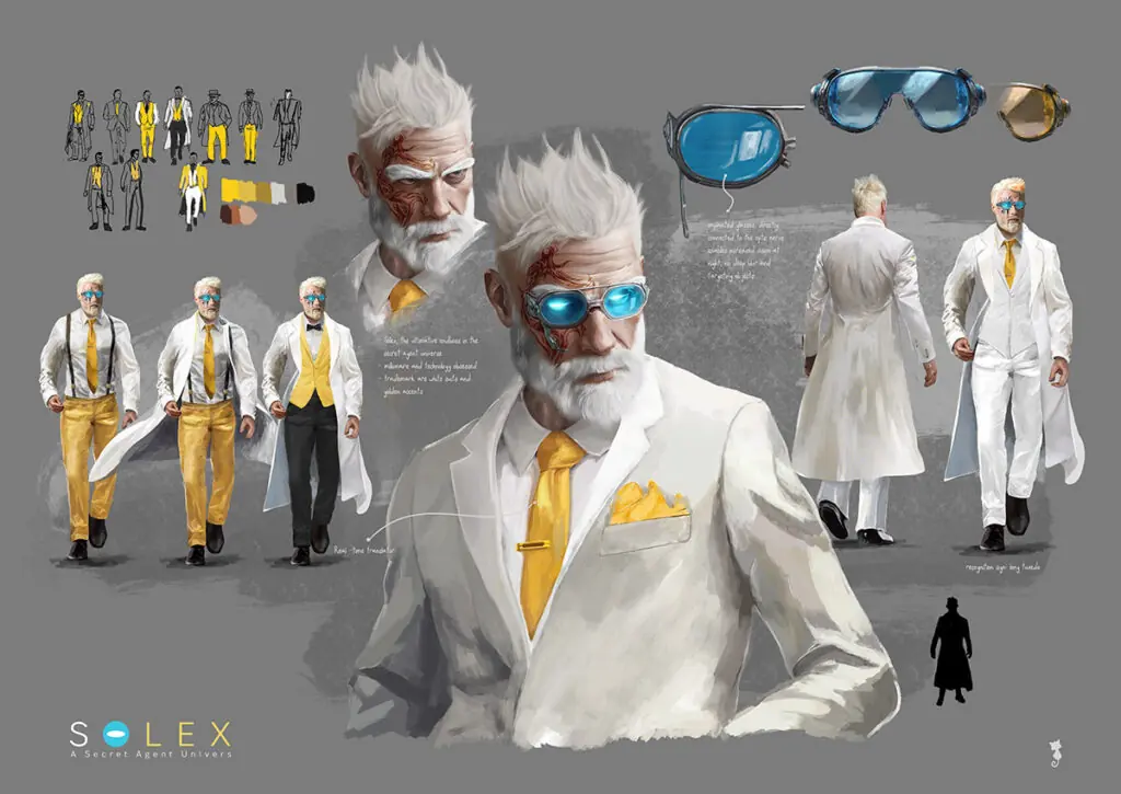 Illustration of a stylish secret agent in a white suit with a yellow tie, multiple poses, and techy accessories against a gray background, with 'SOLEX' branding.