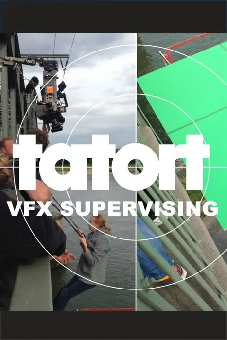 On-set shot of crew filming on a bridge with a green screen and circular overlay, with bold 'VFX SUPERVISING' text across the image.