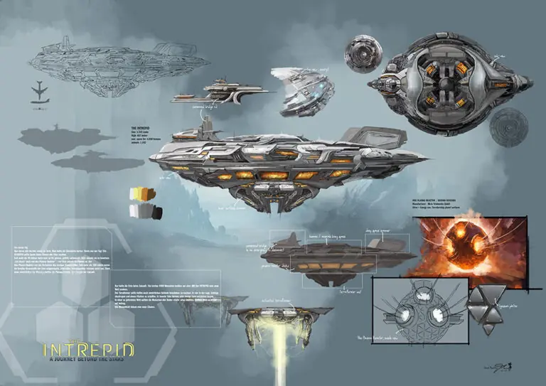 Futuristic spaceship concept art showing a large central cruiser with smaller ships and schematic annotations in a blue-gray background.