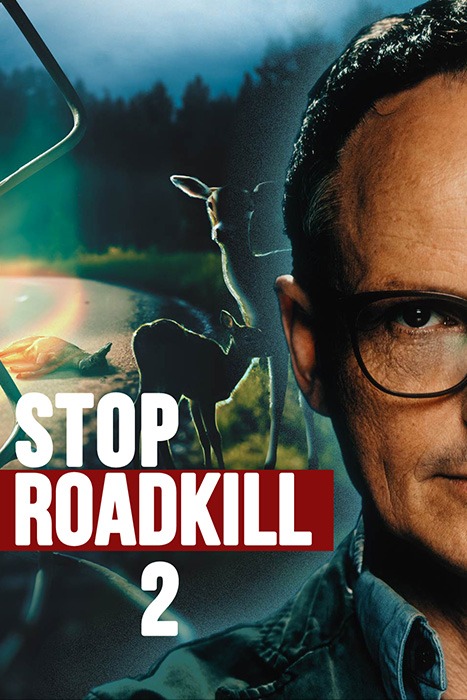 Promo poster for 'Stop Roadkill 2' showing a man in glasses on the right and a road with wildlife silhouettes; bold 'STOP ROADKILL 2' text across the left.
