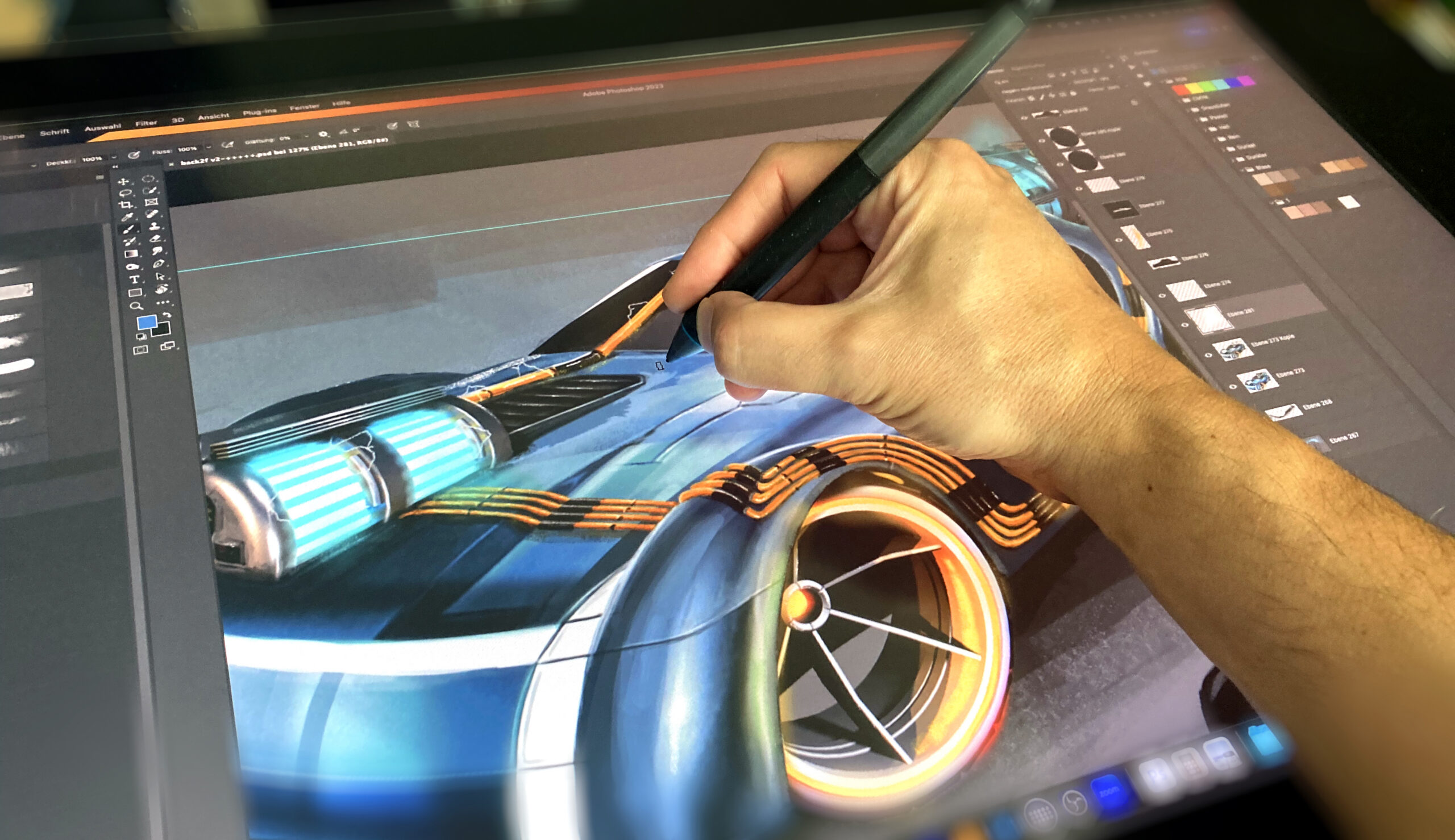 wacom_paint - Jollycat | VFX Studio by David Moretto Digitale Fahrzeugzeichnung mit Grafikstift auf einem Grafikdisplay